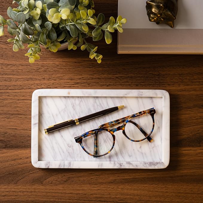 Cork & Mill Marble Tray for Bathroom Countertop, Kitchen Counter, or Catchall - 8 3/4" x 5" Small Rectangular Vanity Tray for Skincare or Perfume - Handcrafted Natural White Marble Stone Organizer