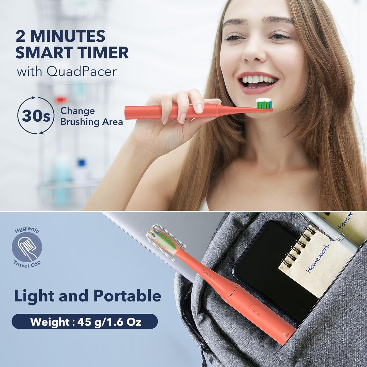 ARISSON Sonic Electric Toothbrush for Adults and Kids, 40,000 VPM Power Toothbrush, 1.5H Fast Charge Ultrasonic Electric Toothbrushes with 2 Minutes Smart Timer, 1.6 Oz Travel Toothbrush, Peach Orange