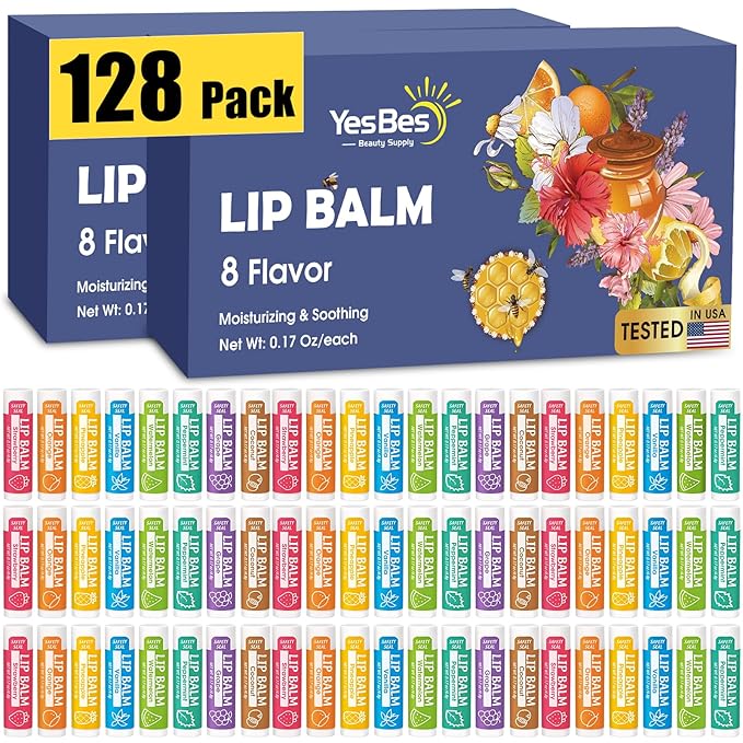 128 Pack Lip Balm, Natural Lip Balm Bulk with Vitamin E and Coconut Oil, Moisturizing Lip Balms for Dry Cracked Lips, Lip Balms for Stocking Stuffers - 8 Flavors