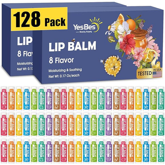 128 Pack Lip Balm, Natural Lip Balm Bulk with Vitamin E and Coconut Oil, Moisturizing Lip Balms for Dry Cracked Lips, Lip Balms for Stocking Stuffers - 8 Flavors