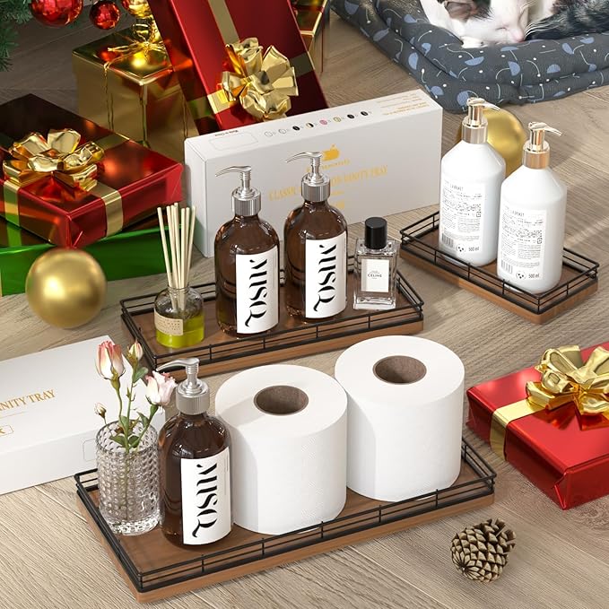 Oak Bathroom Toilet Tank Tray, 13" Wood Back of Toilet Paper Storage Tank Topper Basket, Vanity Tray for Perfume Makeup Candle Toiletry Organizer for Kitchen Coffee Table Walnut Tray Decor