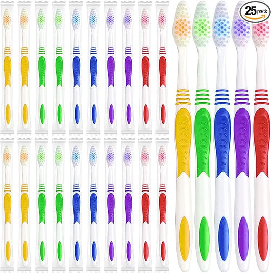 Bulk Toothbrushes 25 Pack | Individually Wrapped Travel Toothbrush Set for Adults & Kids | Made with a Medium-Soft Large Brush Head | BPA-Free & Disposable!
