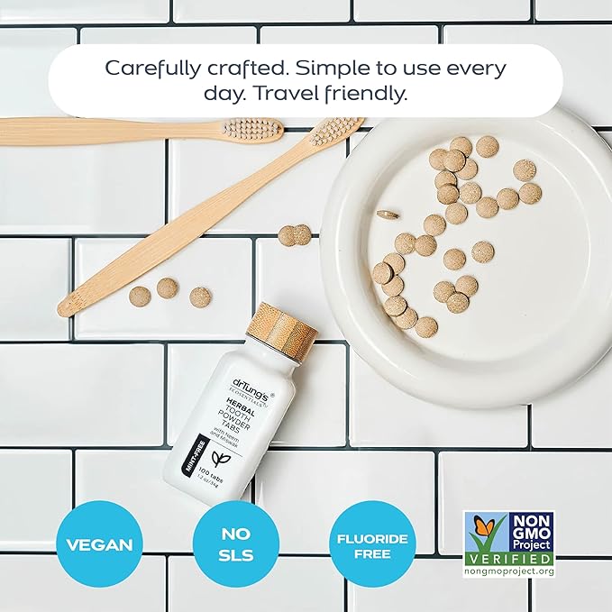 drTung's Herbal Toothpaste Tablets - Toothpaste Tabs for Dry Mouth Relief, Natural Tooth Powder Tablets for Fresh Breath, Fluoride Free, Travel Size, Vegan, Non-GMO - Mint-Free (100 Tabs)