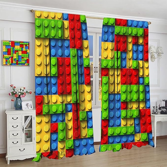 Kids Building Blocks Toy Curtains for Kids Room W63 x L63 Inch Rod Pocket Contour Plastic Colorful Toy Bricks Geometric Print Pattern Curtains for Boys Girls Bedroom 2 Panels