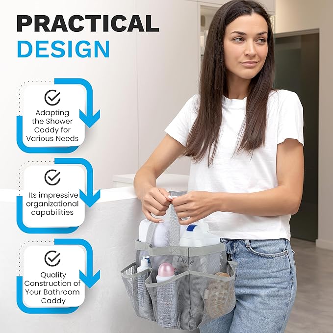 Handy Laundry Masirs Mesh Shower Caddy - 7 Pocket Portable Bathroom Organizer Tote for Travel, Gym & Dorm - Collapsible Small Shower Caddy Bag to Hold Toiletries & Essentials (Gray)