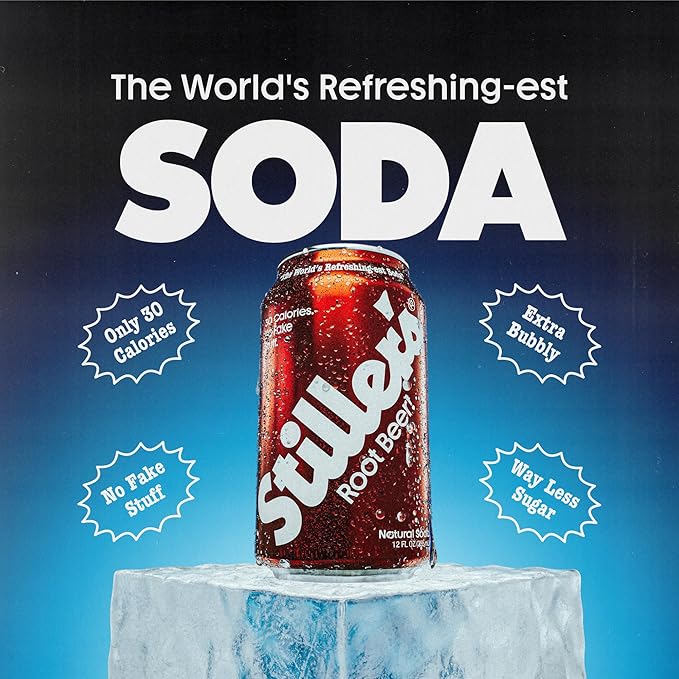 Stiller’s Root Beer Soda – 12 Pack Cans – Sparkling Root Beer Drink – Low Sugar, Caffeine-Free, Natural Soda Pop with Real Cane Sugar, Stevia & Vitamins – Alternative to Diet Soda