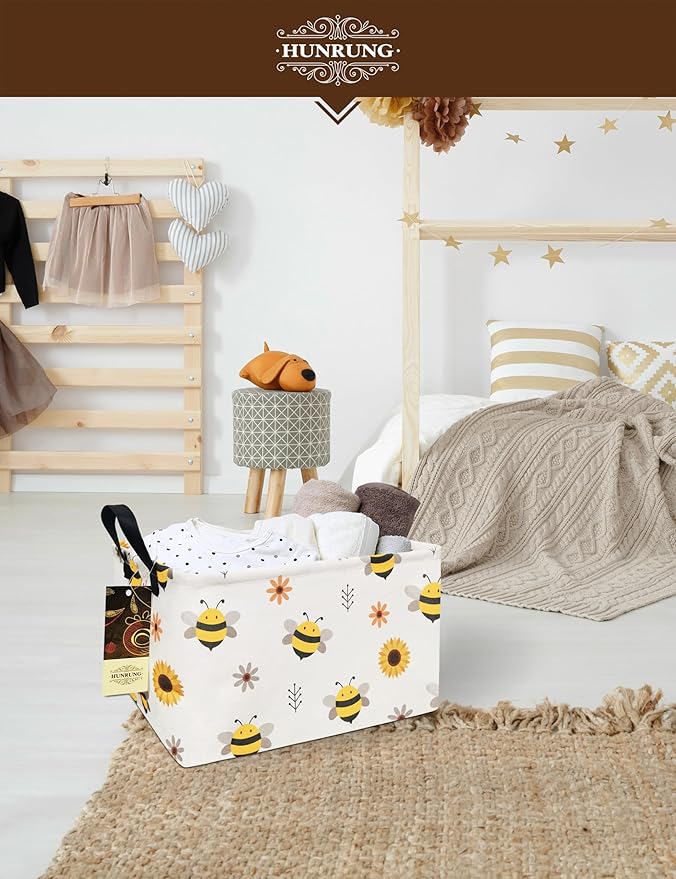 HUNRUNG Rectangle Storage Basket Cute Canvas Organizer Bin for Pet/Children Toys, Books, Clothes Perfect for Rooms/Playroom(REC-Bee)