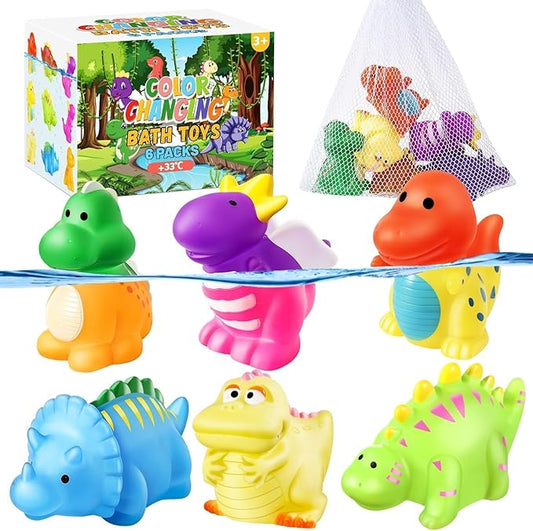 Color Changing No Hole Toddler Bath Toys for Kids Ages 1-3 4-8, Dinosaur Bath Toys Toddlers 2-4, Dinosaur Toys, Christmas Stocking Stuffers Christmas Birthday Gifts Bathtub Water Toys with Drying Bag