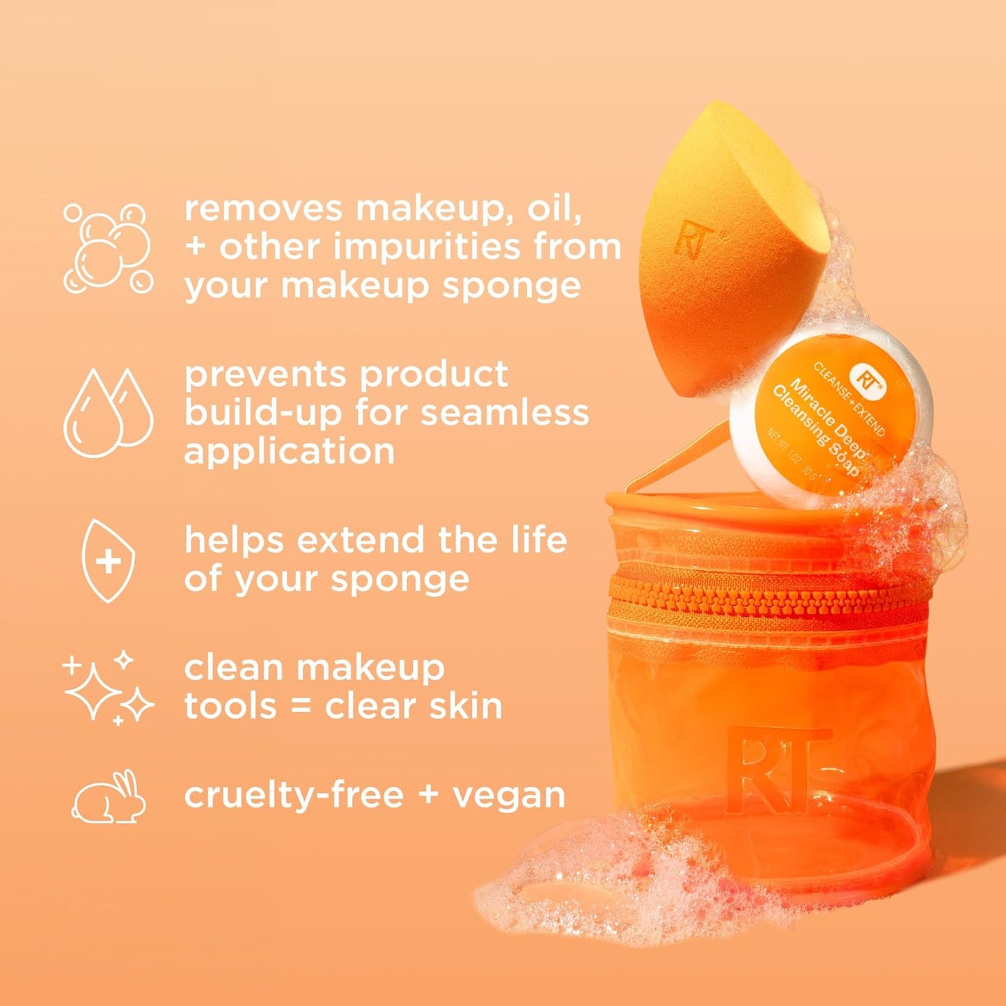 Real Techniques Miracle Blend + Cleanse 3 Piece Set, Makeup Sponge For Blending Foundation & Solid Soap For Deep Cleaning Sponges, Includes Travel Storage Tote, Cruelty-Free, & Latex-Free