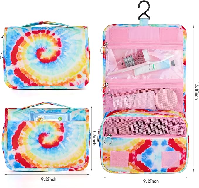Kids Hanging Toiletry Bag for Girls, Travel Toiletry Bag for Little Young Girls Cosmetic Makeup Waterproof Wash Bag Toddler Traveling Toiletries, Tie Dye Pink