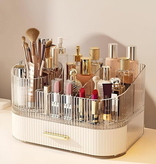 Makeup Organizer with Drawers and 360° Rotating Brush Holder, Large Capacity Cosmetic Storage for Vanity, Skincare, Perfume, Hair Accessories, Lipstick & Jewelry (Cream White, 2-layer)
