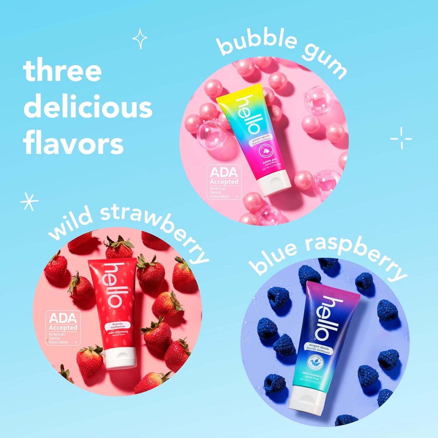 hello Kids Fluoride Toothpaste Variety Pack, Includes a Strawberry, Unicorn Bubble Gum, and Blue Raspberry Toothpaste, Safe for Ages 2 and Up, 3 Pack, 4.2 Oz Each
