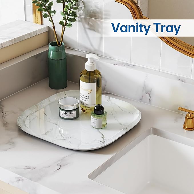 Vanity Decorative Tray, 12" x 12" White Marble Pattern Perfume Tray, Bathroom Tray Countertop Organizer for Soap Towel, Jewelry, Candle