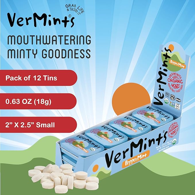 VerMints Organic Breath Mints PepperMint Candy Mints for Real Long-Lasting Flavor, Travel Size Tin - Non-GMO, Nut Free, Gluten Free, Vegan, Kosher Peppermints - .63oz/18g Tins (Pack of 12)