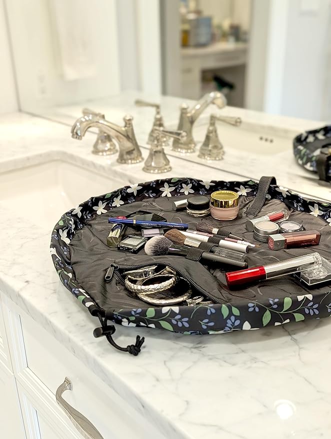 Lay-n-Go Cosmo Drawstring Cosmetic & Makeup Bag Organizer - Portable Drawstring Makeup Bag w/Zipper Pocket, Makeup Loops & More - Durable, Machine Washable Toiletry Bag (20", Floral Large)