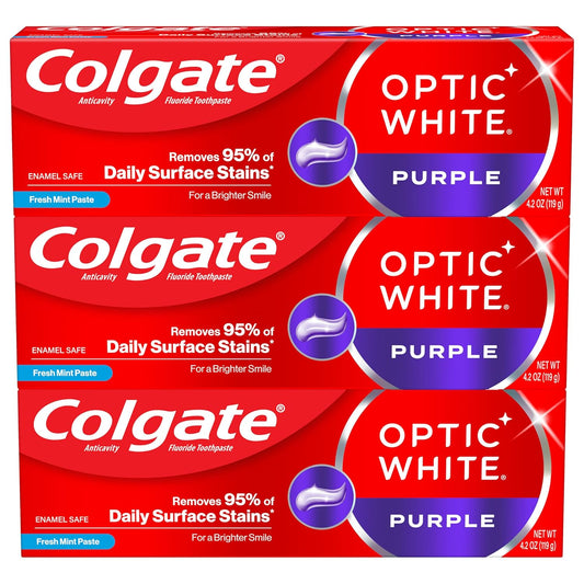 Colgate Optic White Purple Toothpaste for Whitening, Enamel-Safe Mint, 3 Pack, 4.2 oz