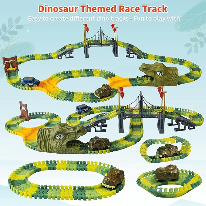 Dinosaur World Race Track Toys - 216pcs Flexible Track Playset with 1 Dinosaur Car, 1 Race Car, 6 Dino Toys, for Kids 3 4 5 6 Year & Up Old (Boys and Girls)