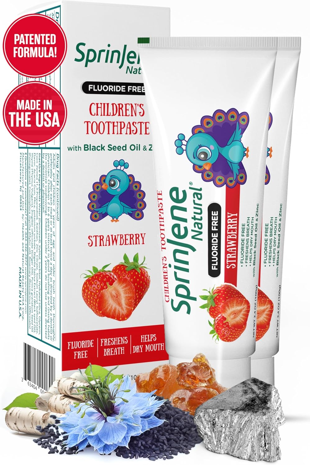 SprinJene Natural Children’s Toothpaste – Fluoride Free Strawberry Toothpaste for Toddlers & Kids – Gentle Safe Natural Formula with Patented Black Seed Oil & Zinc – Made in The USA (2 Pack)