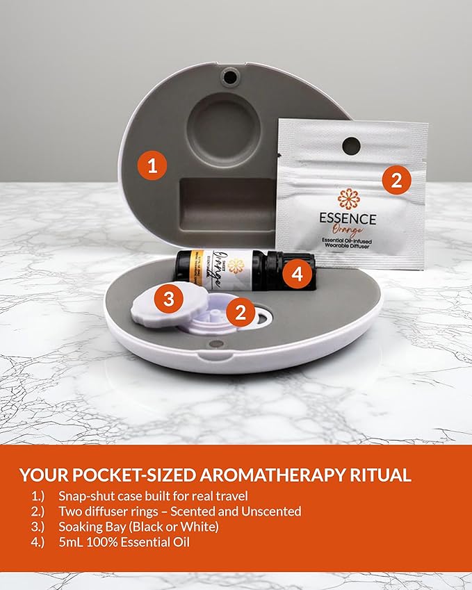 Essence Pearl Travel Case - Wearable Aromatherapy Kit with Nasal Diffuser Rings, Soaking Bay, and 5mL Essential Oil – Portable Wellness Gift Set for On-The-Go Self Care