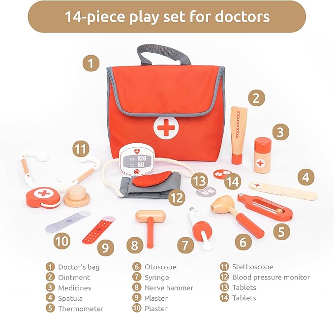 UMU® Wooden Mini Doctor Kit for Kids – 14 pcs Medical Playset for Toddlers with Stethoscope, Syringe, Doctor Bag, Blood Pressure Cuff & More – Pretend Play Set for Boys and Girls Ages 3 4 5 6