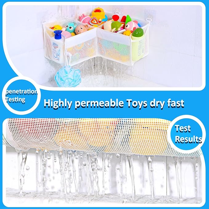 KPH Corner Bath Toy Organizer - Space-Saving 3-Compartment Bath Toy Storage, Mesh Bathroom Toy Holder for Kids, Durable Bathtub Organizer with Drain Holes
