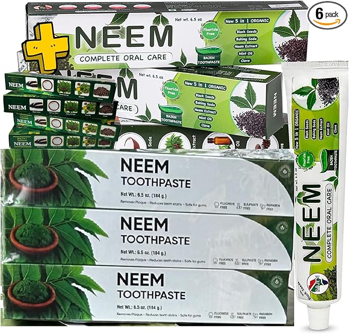 Pack of 6 - Organic Neem 10 in 1 Fluoride Free Toothpaste - Neem, Clove, Black Seed, Cardamon, Aloe Vera, Tea Tree Oil, Miswak, Clove - Herbal Blend - 7.05 oz