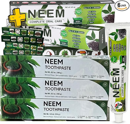 Pack of 6 - Organic Neem 10 in 1 Fluoride Free Toothpaste - Neem, Clove, Black Seed, Cardamon, Aloe Vera, Tea Tree Oil, Miswak, Clove - Herbal Blend - 7.05 oz