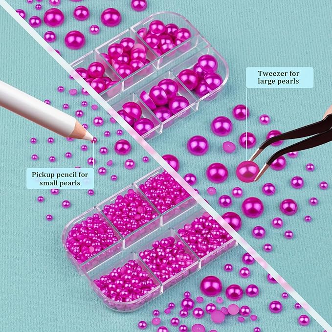 3 Boxes Flat Back Pearls Kit 11 Flatback Rose Red Half Round Pearls 3-10mm with Pickup Pencil and Tweezer for Home DIY and Professional Nail Art, Face Makeup and Craft