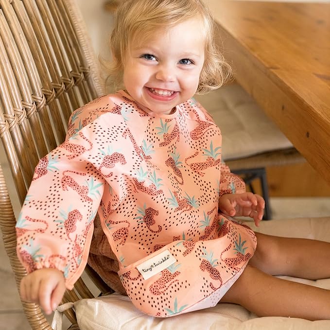 Tiny Twinkle Long Sleeve Bib for Babies & Toddlers – Waterproof Smock Bib for Eating – Machine Washable & Mess-Proof, Baby Feeding Essential & Shower Must-Have(Leopard, 6–24M)