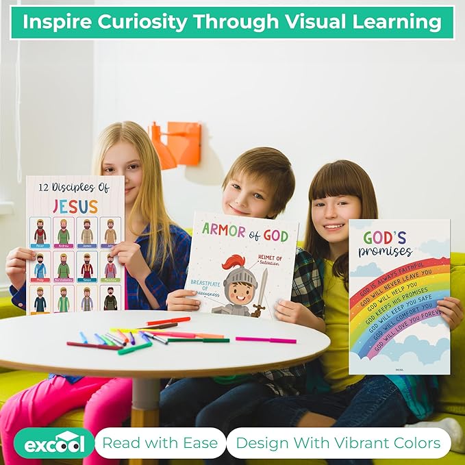 Excool Club Sunday School Decorations For Classroom - 16 Book Of The Bible Posters For Kids, Ten Commandments Fruit Of The Spirit Wall Art, Bible Study Supplies For Christian Classroom Decor (11"x17")