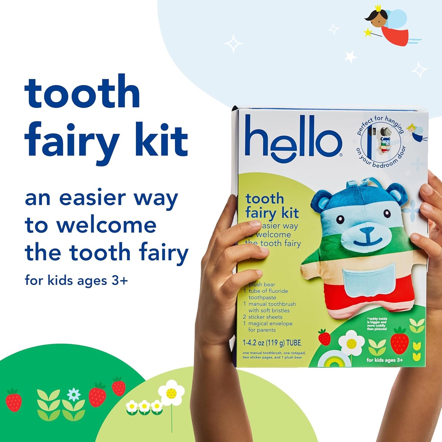 hello Tooth Fairy Kit with Tooth Fairy Door Hanger and Teddy Bear, Includes Full Size Fluoride Kids Strawberry Toothpaste and Kids Toothbrush, for Children Ages 3 and Up