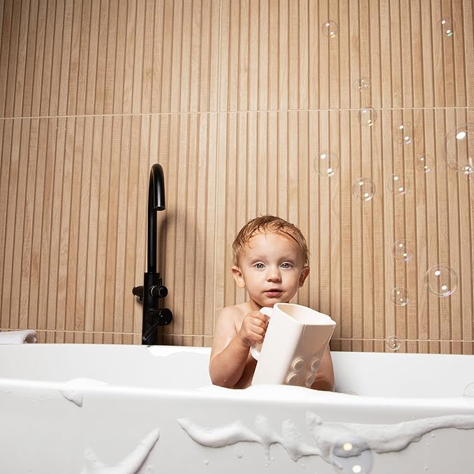 Baby Bath Cup with Suctions - BPA Free, 100% Food Grade Silicone Rinse Cup, Clutter-Free Tub Area, Kids Learning Tool, Sticks to Tiles, Drains Water Upside Down- "Patent Pending"