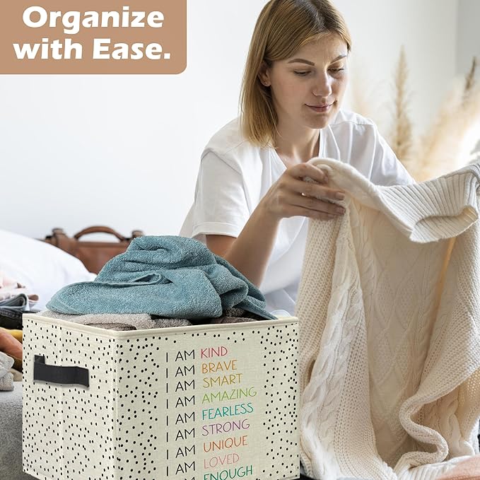 Boho Colorful Inspirational Storage Bins, Positive Affirmation Gifts for Kids Collapsible Storage Box Laundry Basket with Handle for Playroom Home Bedroom Bathroom Clothes Toys Books