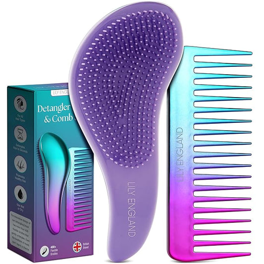 Lily England Detangler Brush & Comb Set - Lightweight Wide Tooth Detangling Tool for Women & Kids - Smooths Curly, Straight, Dry, Fine, & Thick Hair, Purple