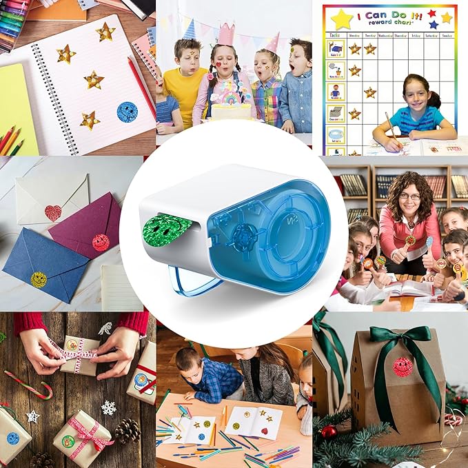 Manual Sticker Dispenser for Rolls of Stickers with 1520Pcs 1Inch Gold Star,Red Heart,Smiley Face Stickers for Kids Reward,Behavior Chart,School Classroom Student Teacher Supplies Gifts(Blue)