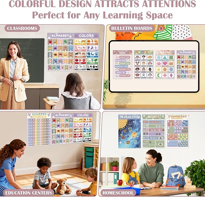 16 Educational Posters for Preschoolers, Laminated PreK Learning Poster Charts for Toddlers 1-3, Learning Wall Charts for Kids’ Bedroom, Playroom, Preschool, Kindergarten and Homeschool (Morandi A)