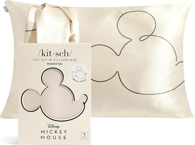 Kitsch & Disney Mickey Mouse Satin Pillowcase with Zipper Softer Than Silk, Cooling Pillow Case for Hair & Skin, Wrinkle-Free, Washable, Queen/Standard (19x26)
