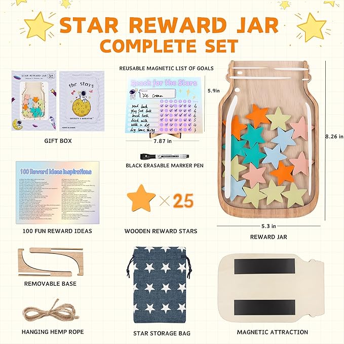 Magnetic Reward Jar, Star Reward Jar Set for Kids Potty Training Reward Jar System for Classroom, Magnetic Reward Jar for Classroom Board Behavior Management Home Reward Jar (Natural Wood)