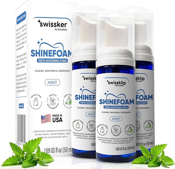 Swissklip ShineFoam | Teeth Whitening Foam | Mint Flavor Whitening Toothpaste | Teeth Whitener I Professional Teeth Whitening Kit | 100% Vegan - Made in USA - 1.69 oz - Pack 3