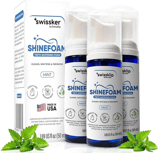 Swissklip ShineFoam | Teeth Whitening Foam | Mint Flavor Whitening Toothpaste | Teeth Whitener I Professional Teeth Whitening Kit | 100% Vegan - Made in USA - 1.69 oz - Pack 3