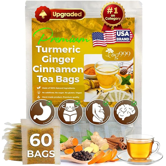 TOG999, 60 Bags Premium Turmeric Ginger Cinnamon Tea. Upgraded Version. Improve Digestion, Support Brain, Weight, Skin and Sleep. Eco-Conscious Tea Bags. No Sugar, No Caffeine, No Gluten, Vegan.