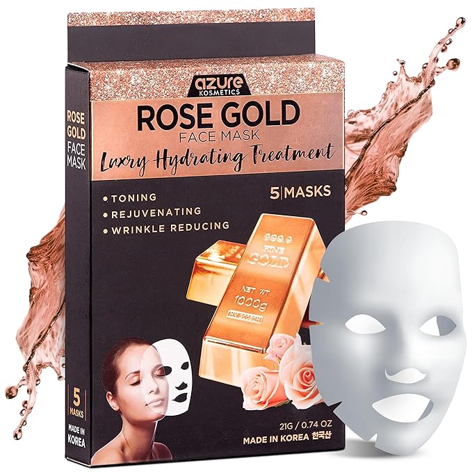 Rose Gold Korean Facial Sheet Mask By Azure – Protects Against Sun & Outdoor Pollutants | Restores Natural Elasticity | Removes Dirt and Toxins For Clear Looking Skin - 5 PK