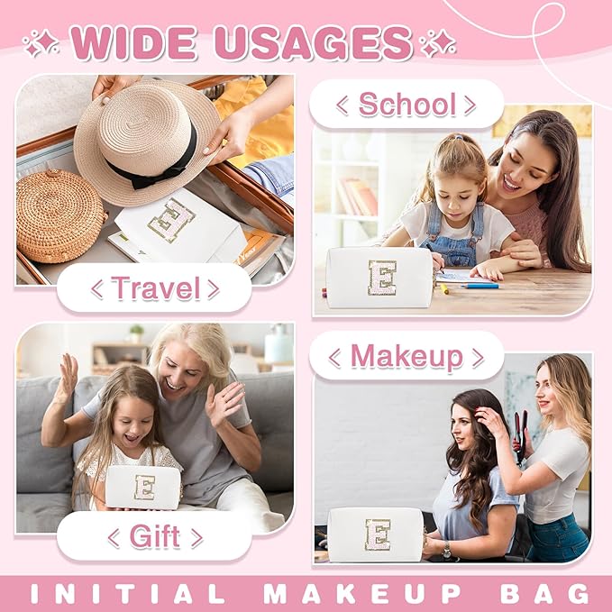 Small Initial Patch Makeup Bag Personalized Gifts Make Up Bag,White Cute PU Leather Glitter Letter Cosmetic Bag with Zipper,Trendy Portable Travel Toiletry Pouch,Preppy Stuff for Teen Girls Women E
