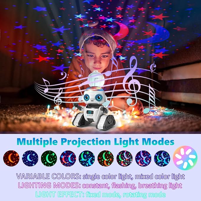 Aikmi Robot Toys for Kids 5-7, Rechargeable Remote Control Robot with Projector Night Light for Kids, Gesture Sensor, Music, Toys for 6 Year Old Boys Girls Birthday Present Boy Toy (White)