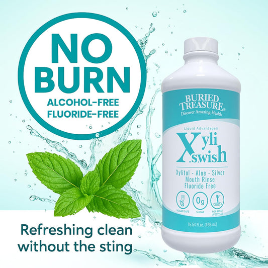Xyli Swish - All Natural Formulated Nano Silver, Xylitol & Aloe Mouthwash - Alcohol and Fluoride Free - Oral Rinse to Fight Bad Breath & Dry Mouth - Peppermint Flavor - 16oz.