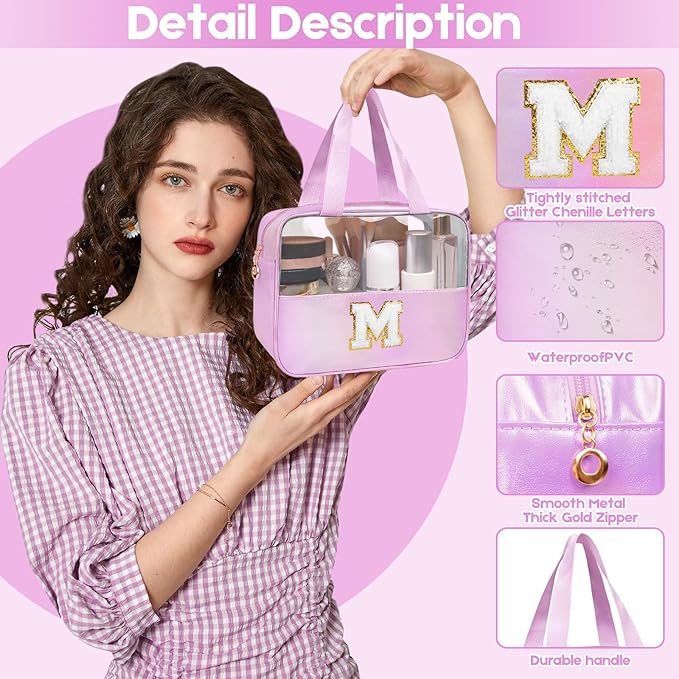 Personalized Initial M Clear Purple Makeup Bag - Large Travel Toiletry Bag, Cute Cosmetic Organizer Set for Girlfriend, Teacher, Teen Girl Gifts