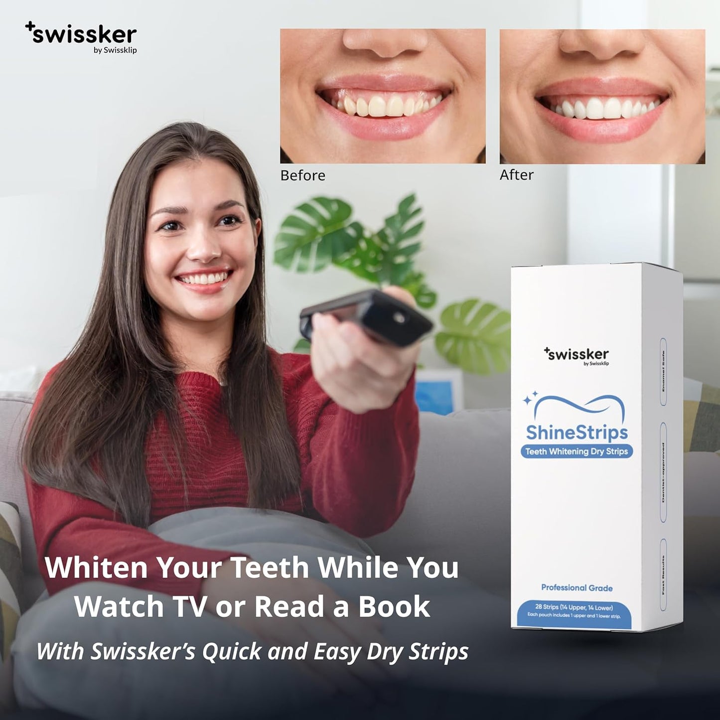 Swissklip ShineStrips Teeth Whitening Strips, Enamel Safe, Dentist Formulated, Visible Results in 2–3 Treatments, 28 Strips (14 Upper + 14 Lower)