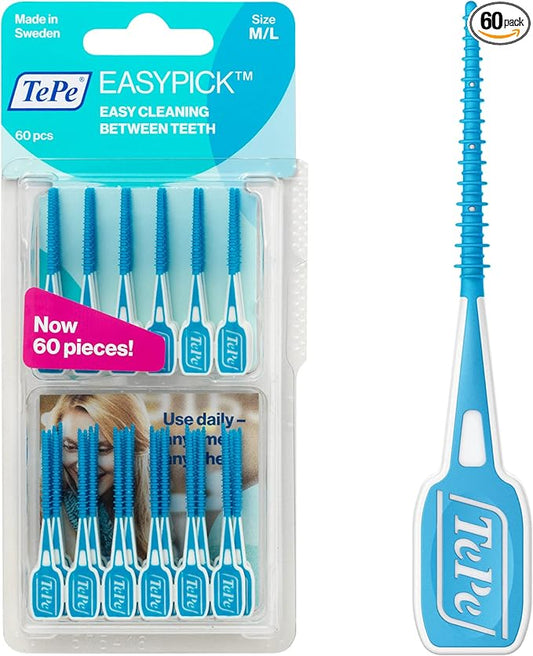 TEPE Dental Floss Picks, Tooth Picks Flossers, Floss Sticks, EasyPicks M/L, Blue, 60 Pk