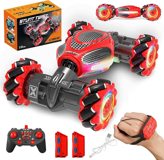 Remote Control Car for Boys - RC Cars for Boy Age 4-12, Gesture Sensing RC Stunt Drift Car for Kids Toys 4 5 6 7 8 9 10 11 12 Year Old Boy Birthday with Cool Lights Music (Red-Black)