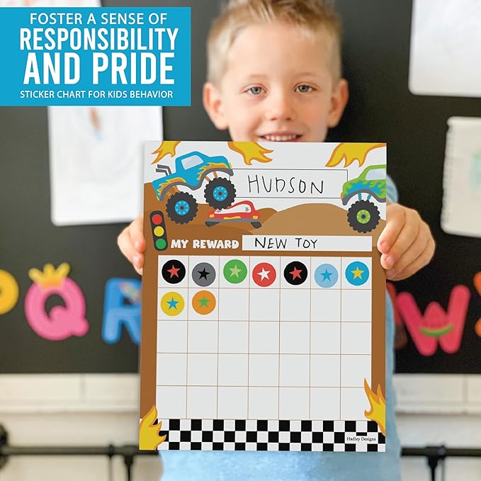 Sticker Chart for Kids Behavior at Home & Classroom - 25 Reward Chart for Kids Incentives, Gold Star Sticker Sheets, Monster Truck Incentive Charts for Classroom Must Haves